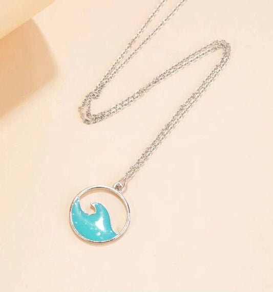 Sparkling Blue Ocean Wave Necklace in Silver