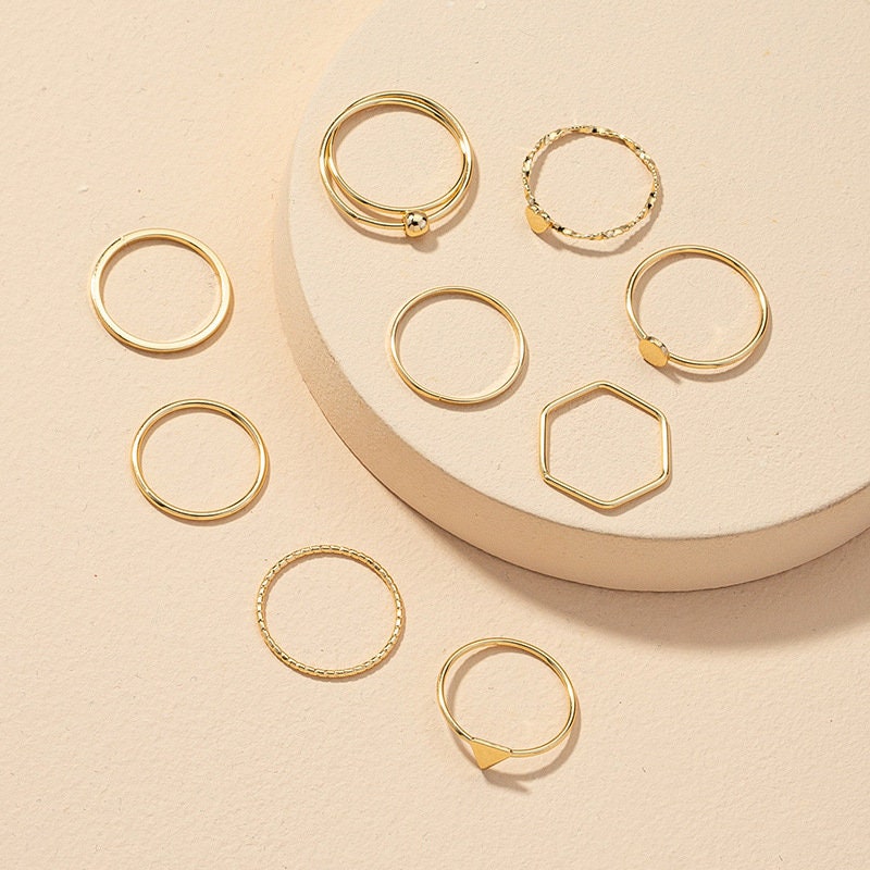 9 Piece Gold Stacking Ring Set, Gold Stackable Rings, Minimalist Stacking Rings, Minimalist Rings in Gold, Stacking Rings in Gold, Her Gift