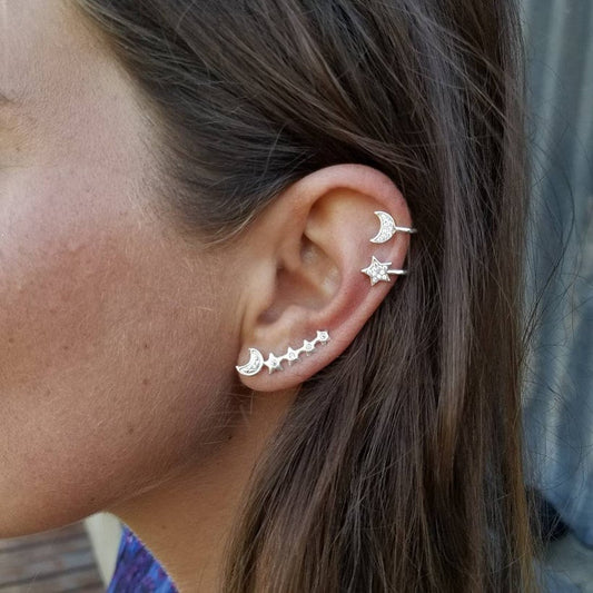 Celestial Ear Climber & Cuffs, Silver Celestial Ear Climber, Silver Celestial Ear Cuffs, Rhinestone Ear Cuffs, Moon Star Ear Cuffs, Her Gift
