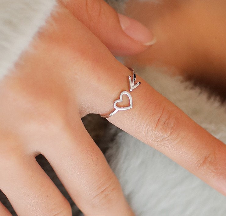 Heart & Arrow Ring, Dainty Heart and Arrow Ring, Her Anniversary Gift, Her Valentines Day Gift, Promise Ring, Open Heart and Arrow Ring