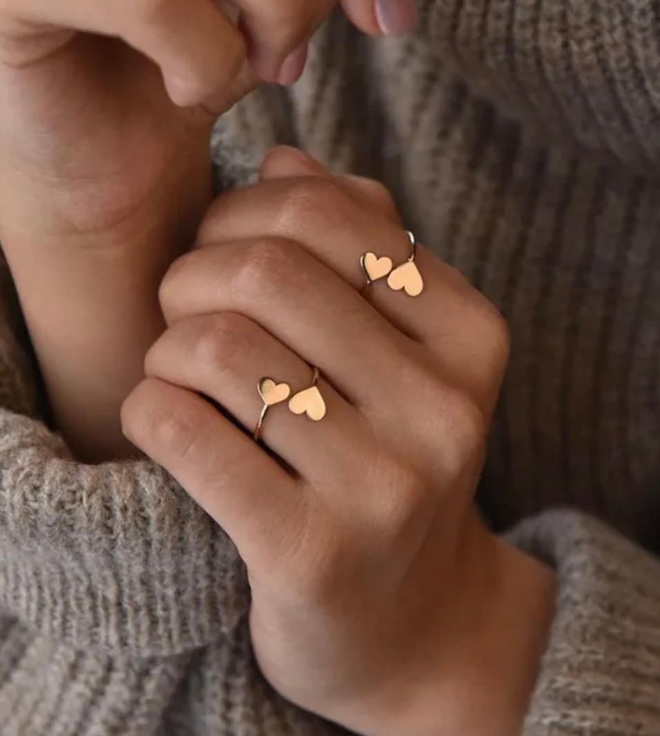 Set of 2 Gold Heart Rings, Gold Double Heart Ring, Valentines Day Gift For Her, Her Valentines Day Gift, Valentines Day Jewelry, Heart Rings