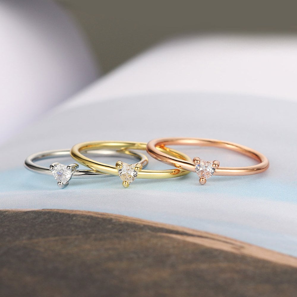 Dainty Diamond Heart Ring in Gold, Rose Gold or White Gold, Valentines Day Gift for Her, Valentines Day Gift for Girlfriend, Gift for Her