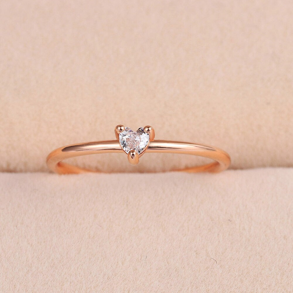 Dainty Diamond Heart Ring in Gold, Rose Gold or White Gold, Valentines Day Gift for Her, Valentines Day Gift for Girlfriend, Gift for Her