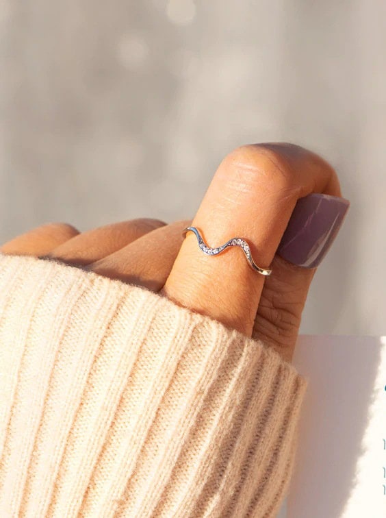 Adjustable White Gold Plated & Faux Diamond Wave Ring, Adjustable Wave Ring, Beach Lover Jewelry, Beach Obsessed Recipient Gift, Wave Ring